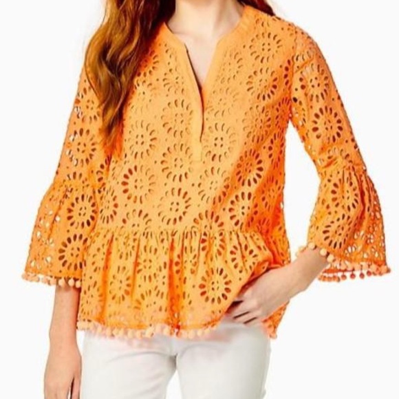 Lilly Pulitzer Bekah Top Shirt Blouse Cantaloupe Pinwheel Eyelet Sz L - Picture 11 of 11